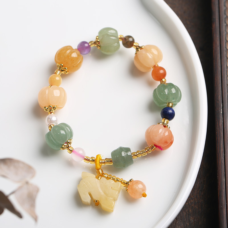Temple natural Xinjiang pumpkin bead bracelet, couple retro ethnic style Pixiu gourd gold silk jade bracelet.