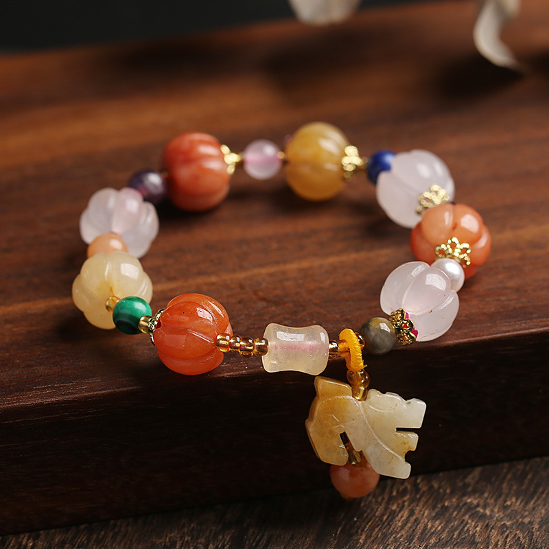 Temple natural Xinjiang pumpkin bead bracelet, couple retro ethnic style Pixiu gourd gold silk jade bracelet.