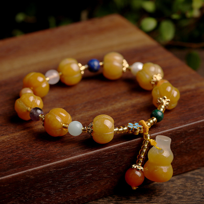 Temple natural Xinjiang pumpkin bead bracelet, couple retro ethnic style Pixiu gourd gold silk jade bracelet.