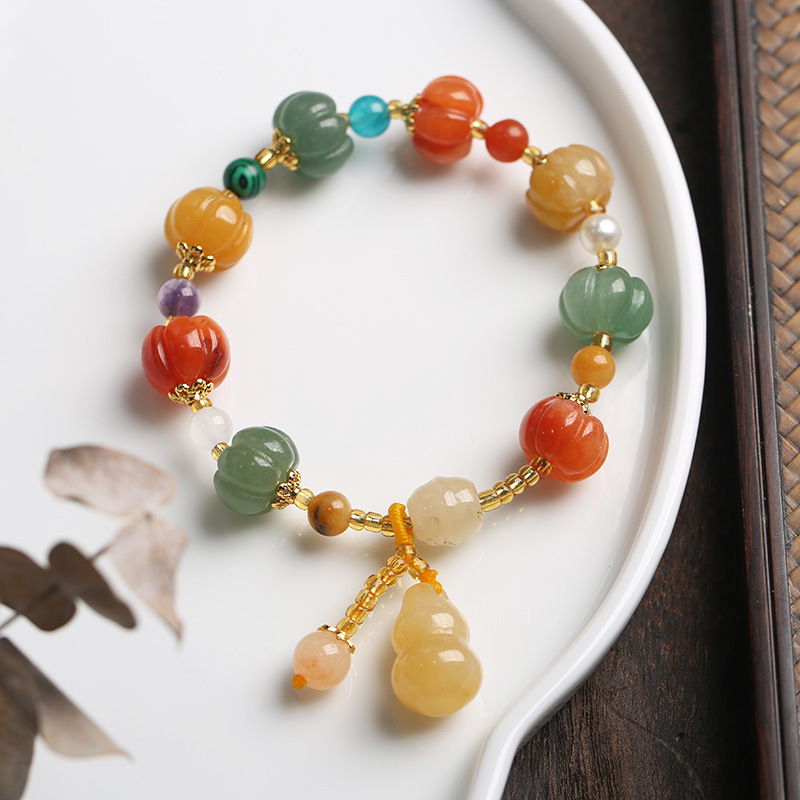 Temple natural Xinjiang pumpkin bead bracelet, couple retro ethnic style Pixiu gourd gold silk jade bracelet.