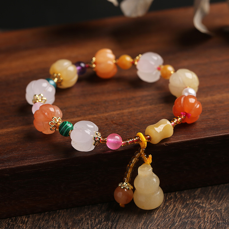 Temple natural Xinjiang pumpkin bead bracelet, couple retro ethnic style Pixiu gourd gold silk jade bracelet.