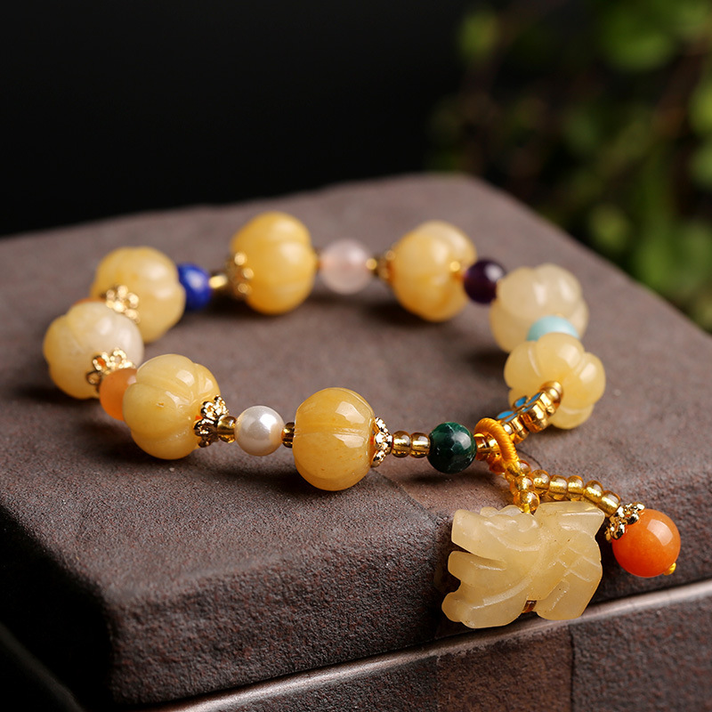 Temple natural Xinjiang pumpkin bead bracelet, couple retro ethnic style Pixiu gourd gold silk jade bracelet.